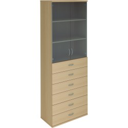 Armoire en bois, 6 tiroirs/2 portes vitrées